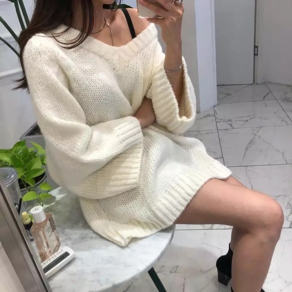 Sweaters - Sweater knit wide sleeve cream white black V-neck womens loose top